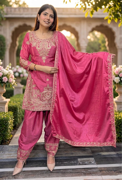 Embroidered Pastel Shades Chinnon Silk Patiala Salwar Suit with Dupatta