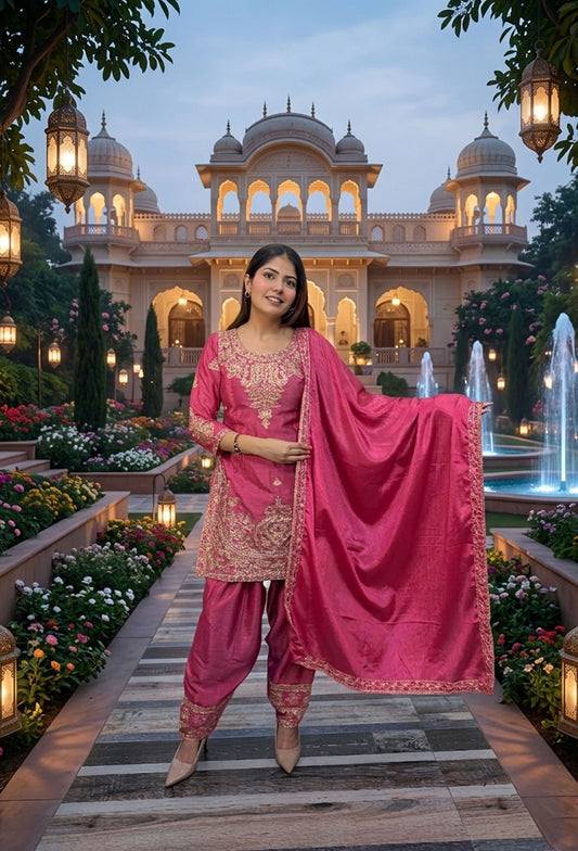 Embroidered Pastel Shades Chinnon Silk Patiala Salwar Suit with Dupatta