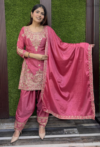 Embroidered Pastel Shades Chinnon Silk Patiala Salwar Suit with Dupatta