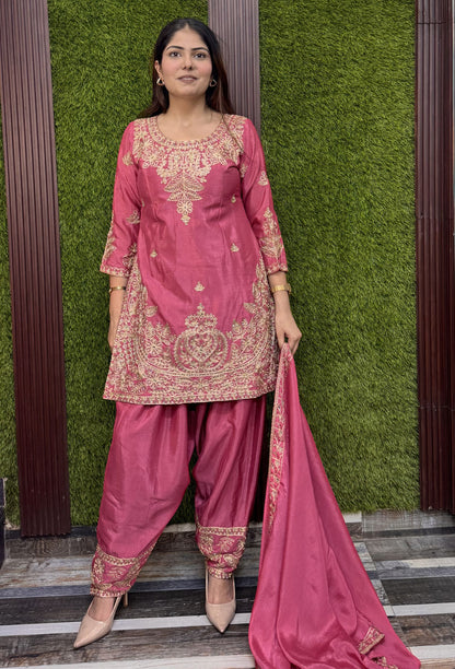 Embroidered Pastel Shades Chinnon Silk Patiala Salwar Suit with Dupatta