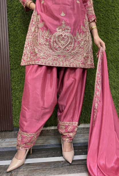 Embroidered Pastel Shades Chinnon Silk Patiala Salwar Suit with Dupatta