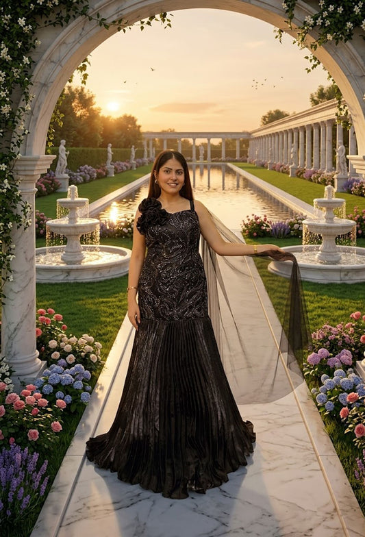 Cocktail Fish Cut Gown in Organza Silk with Spaghetti Strap