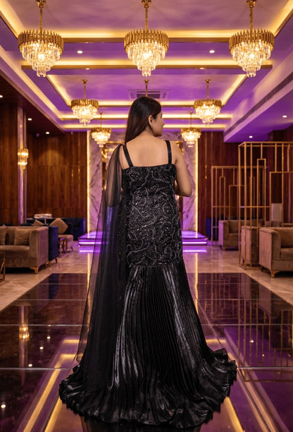 Cocktail Fish Cut Gown in Organza Silk with Spaghetti Strap