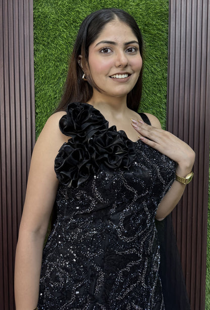 Cocktail Fish Cut Gown in Organza Silk with Spaghetti Strap