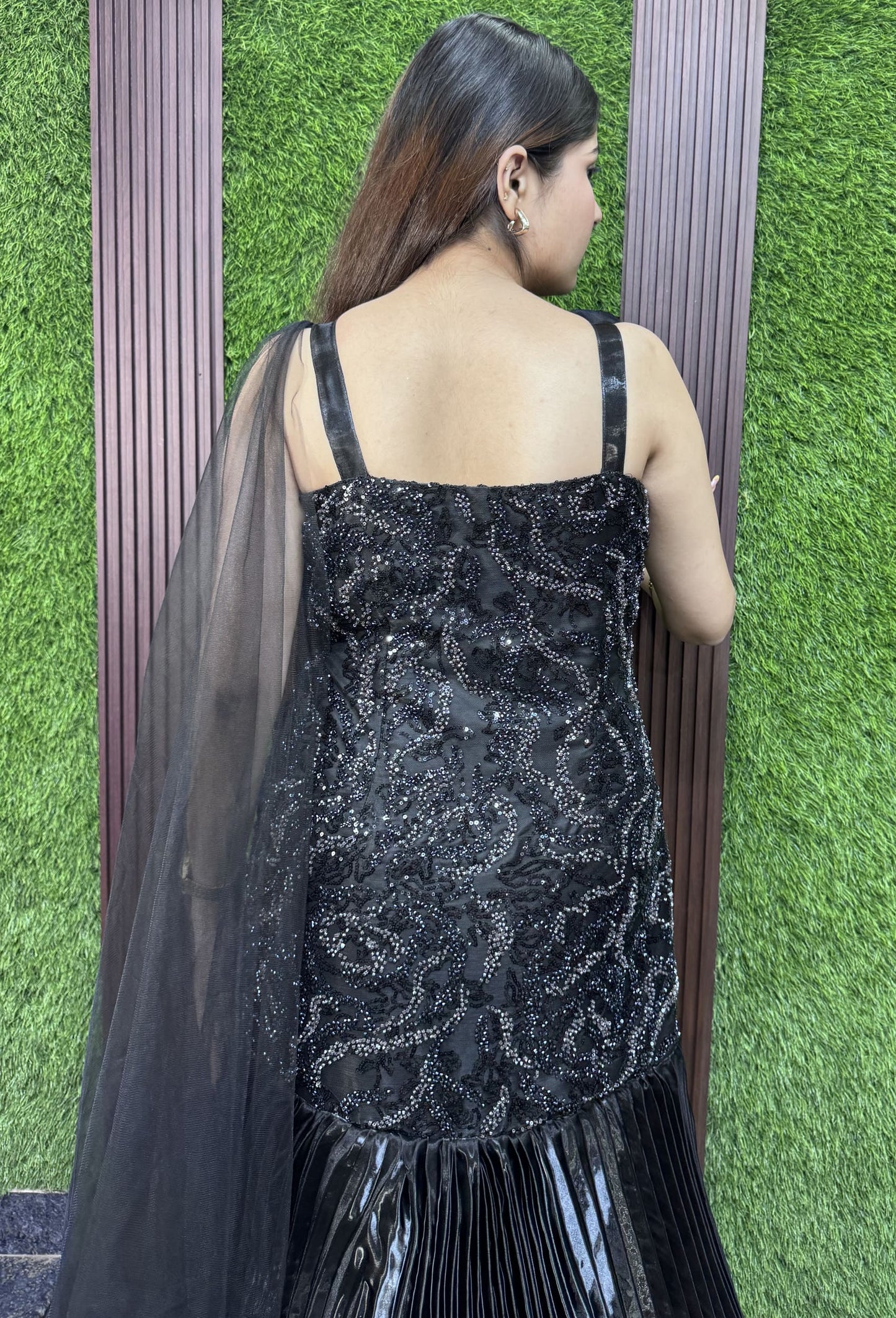 Cocktail Fish Cut Gown in Organza Silk with Spaghetti Strap