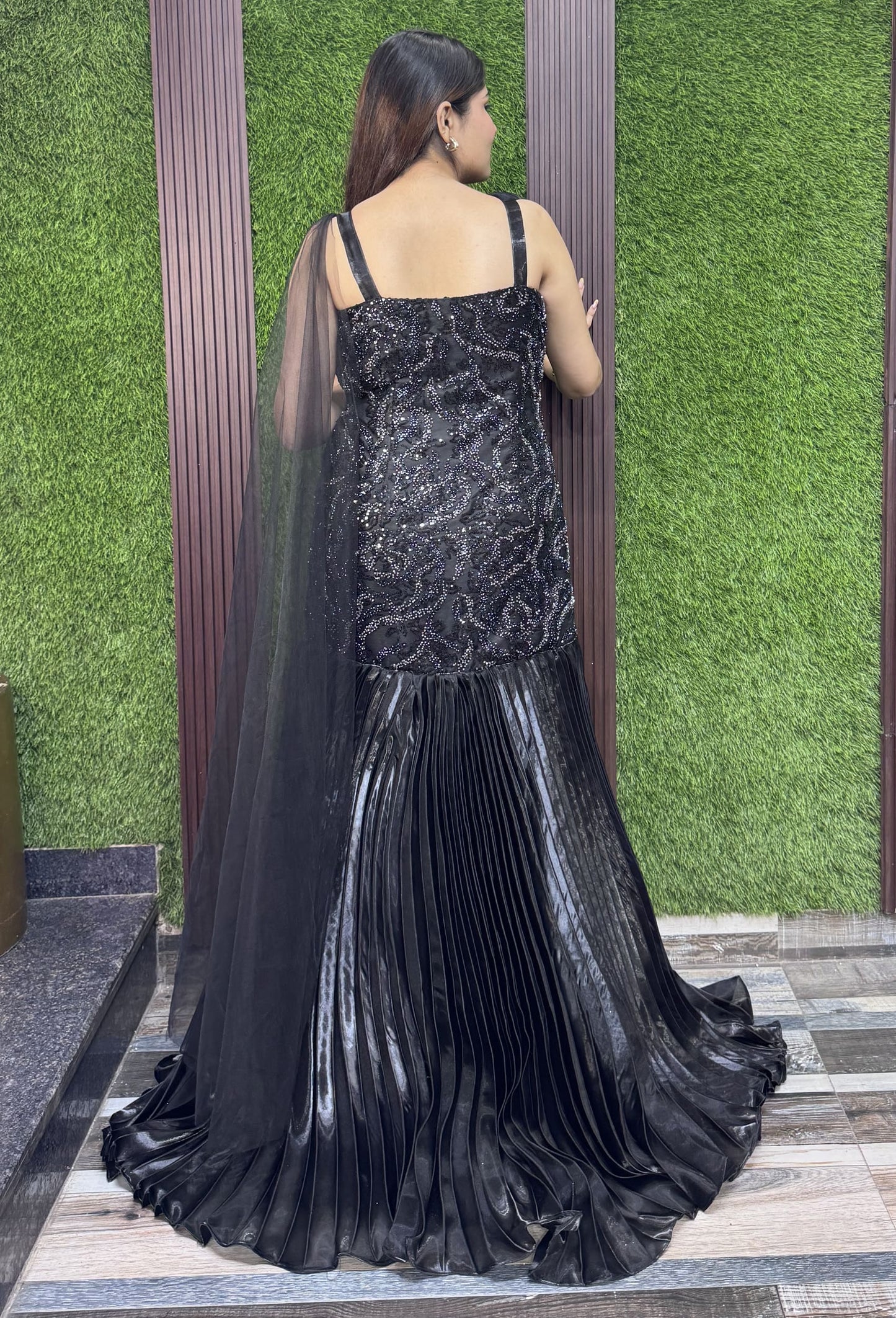 Cocktail Fish Cut Gown in Organza Silk with Spaghetti Strap