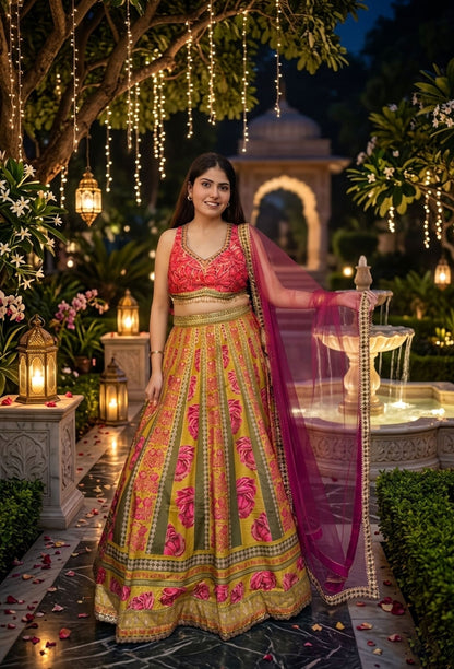 Pure Crepe Digital Printed Anarkali Lehenga Set with Contrast Dupatta