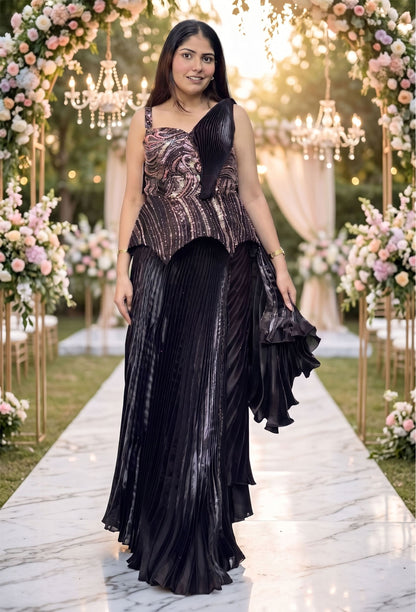 Spaghetti Hand Embellished Peplum Top with Ruffle Organza Skirt