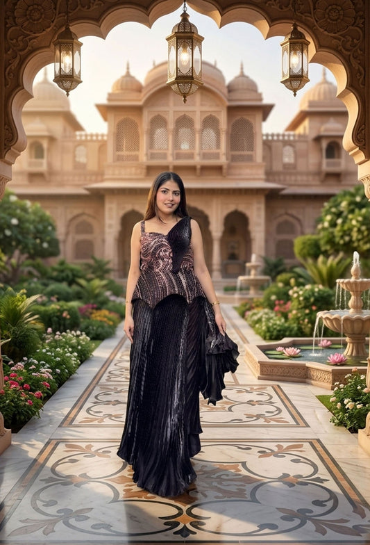 Spaghetti Hand Embellished Peplum Top with Ruffle Organza Skirt