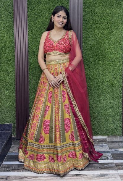 Pure Crepe Digital Printed Anarkali Lehenga Set with Contrast Dupatta