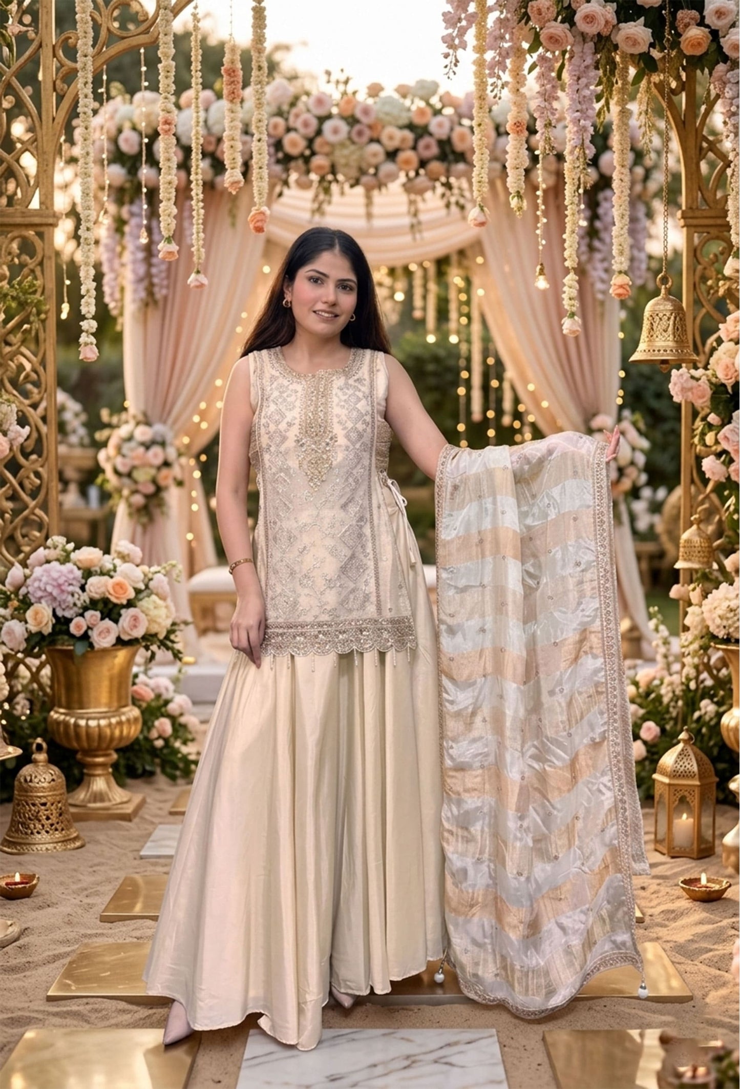 Indo Western Banarasi Tissue Lehenga with Short Shirt Set