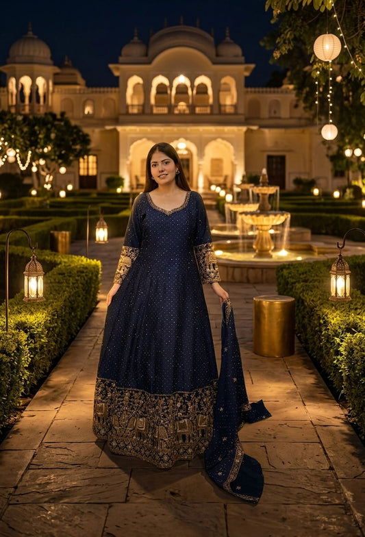 Heritage Style Full Sleeve Anarkali Silk with Paneled Motif Embroidery & Dupatta Set