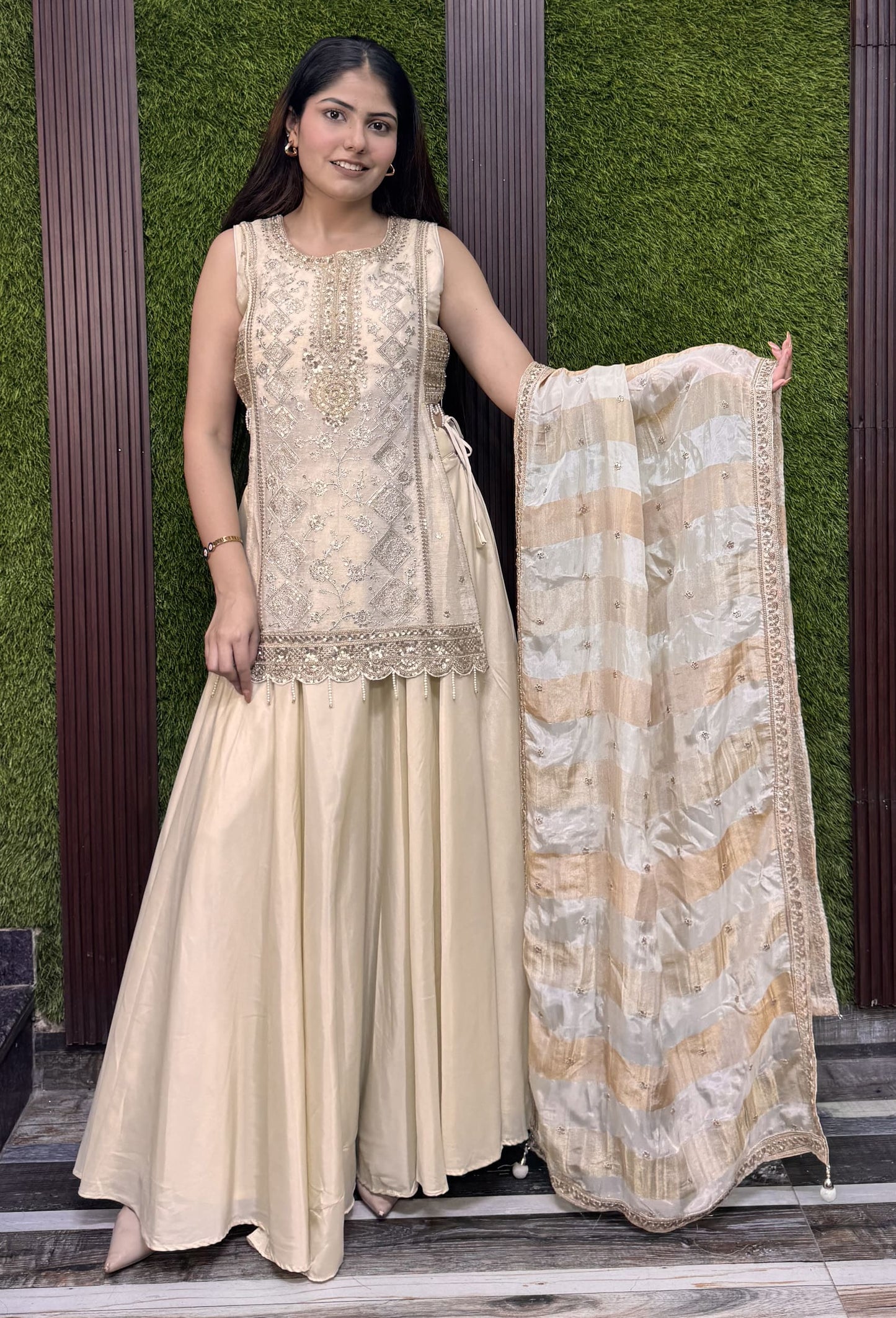 Indo Western Banarasi Tissue Lehenga with Short Shirt Set