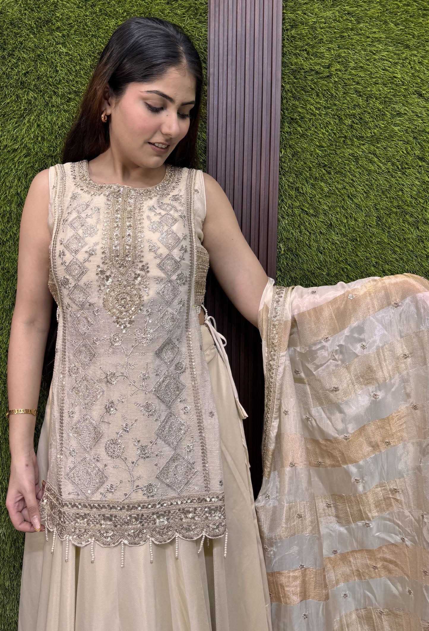 Indo Western Banarasi Tissue Lehenga with Short Shirt Set