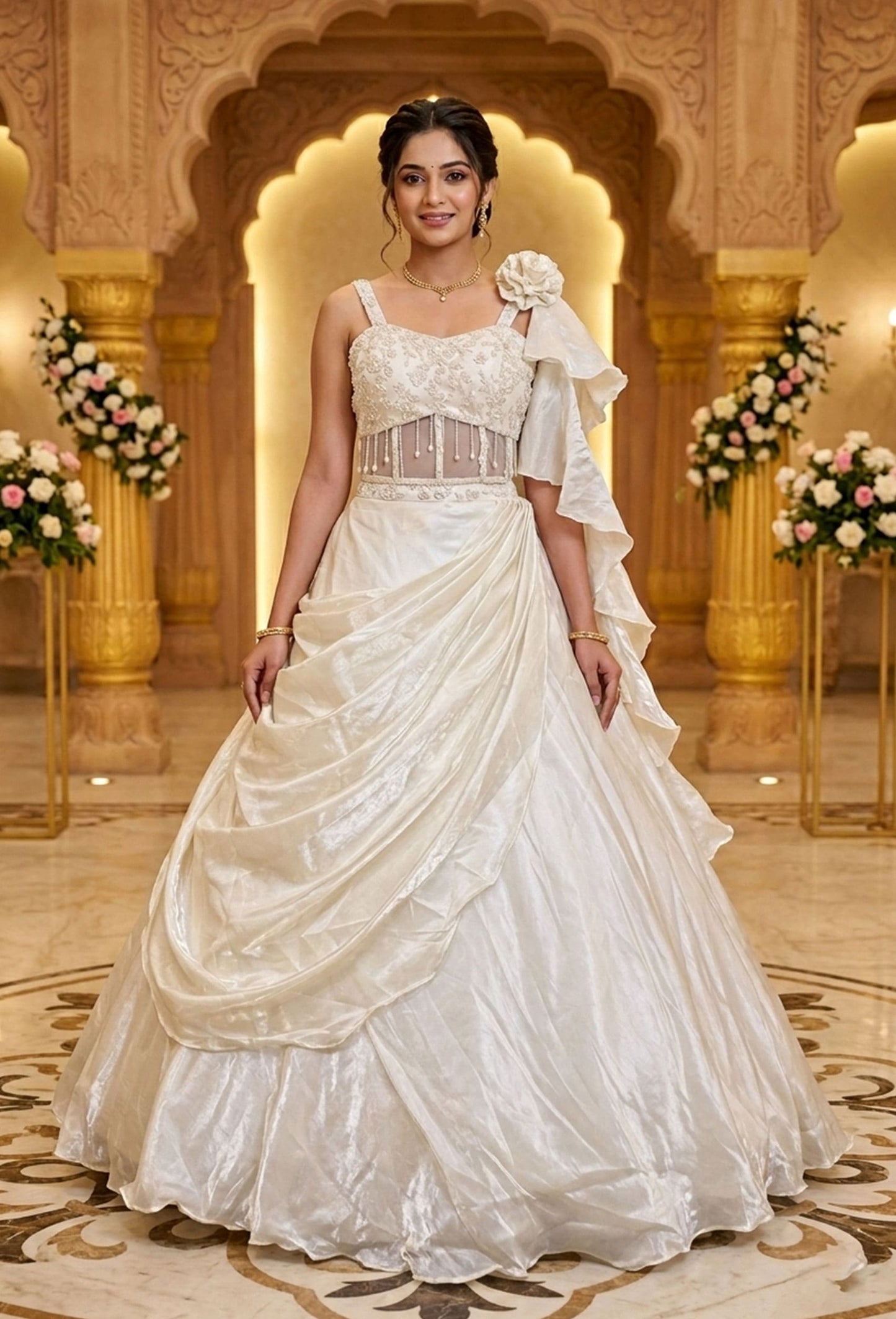 Drape Organza Skirt Lehenga with Corset Style Spaghetti Choli