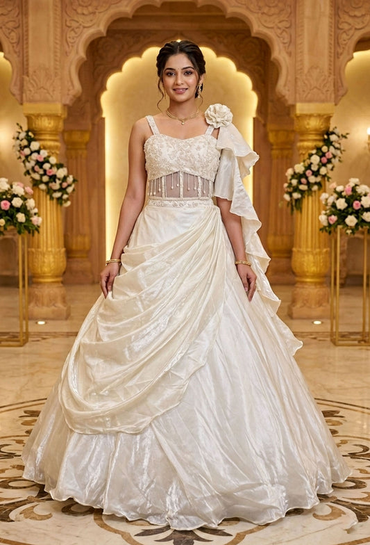 Drape Organza Skirt Lehenga with Corset Style Spaghetti Choli