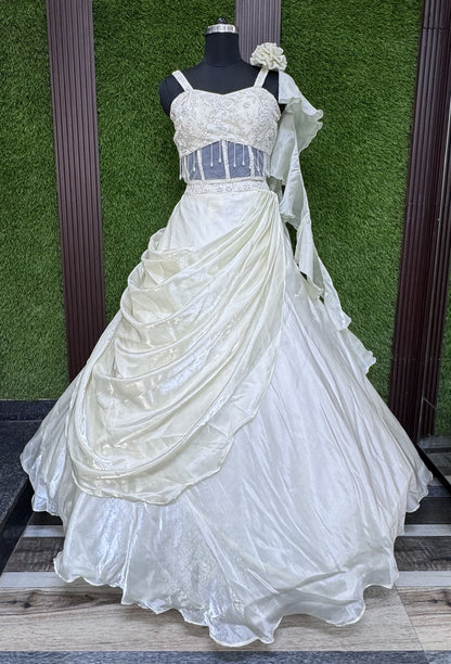 Drape Organza Skirt Lehenga with Corset Style Spaghetti Choli