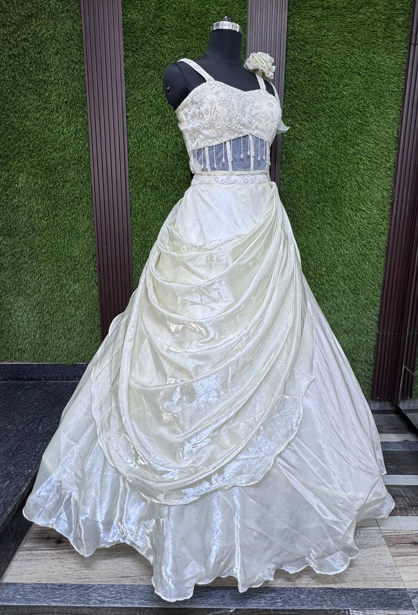 Drape Organza Skirt Lehenga with Corset Style Spaghetti Choli