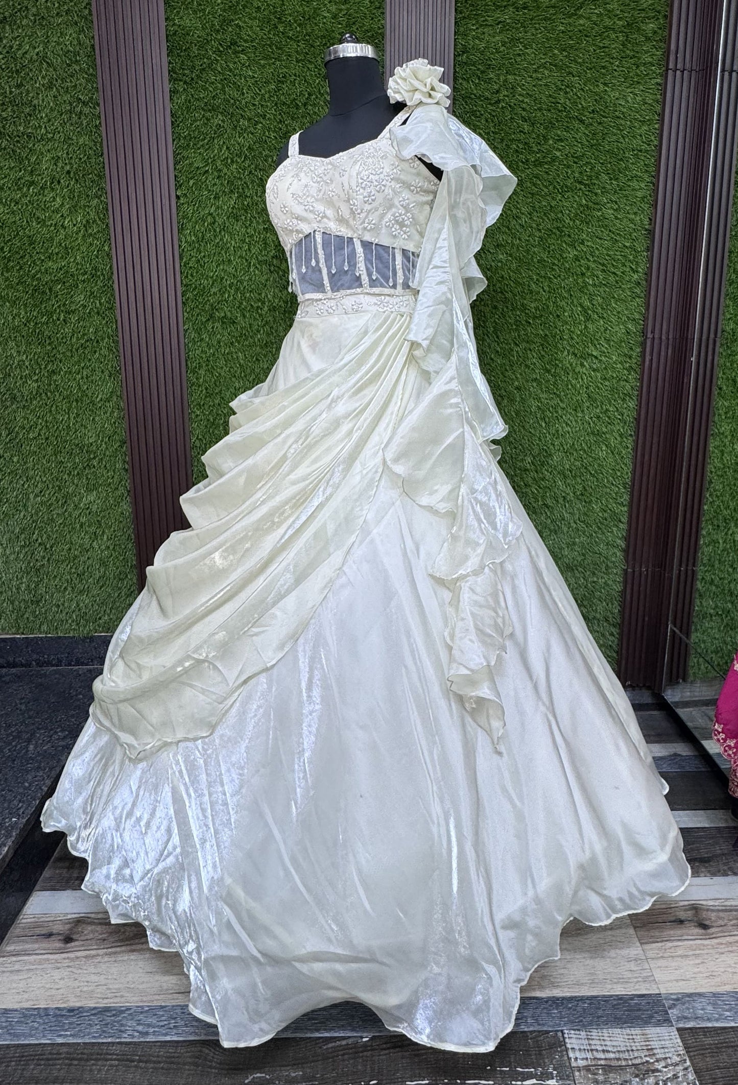 Drape Organza Skirt Lehenga with Corset Style Spaghetti Choli