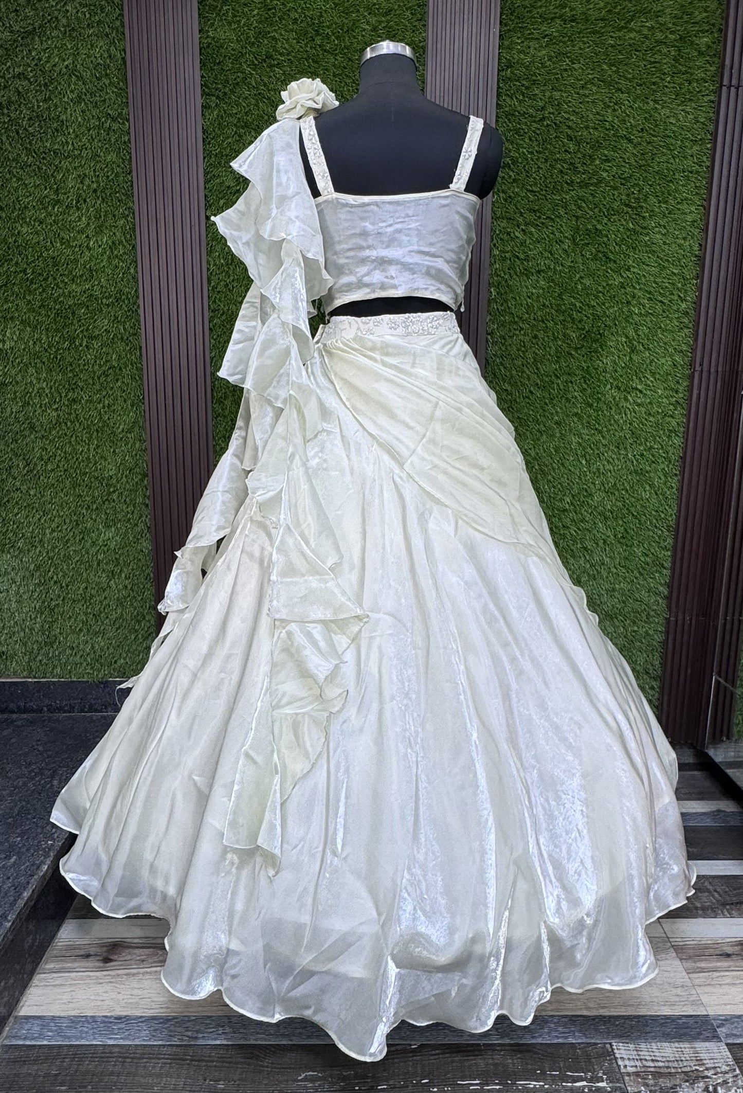 Drape Organza Skirt Lehenga with Corset Style Spaghetti Choli