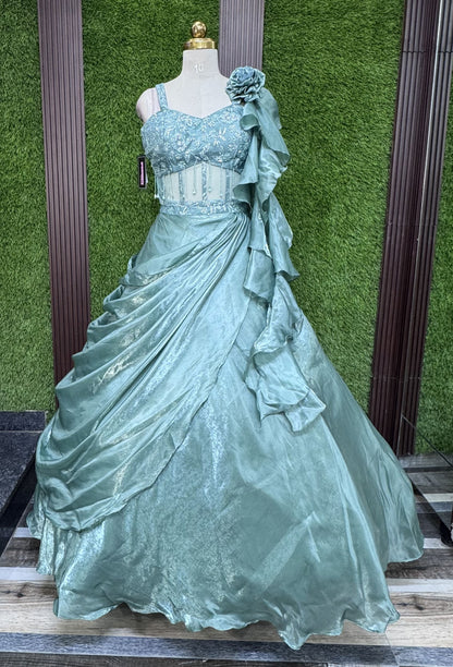Drape Organza Skirt Lehenga with Corset Style Spaghetti Choli