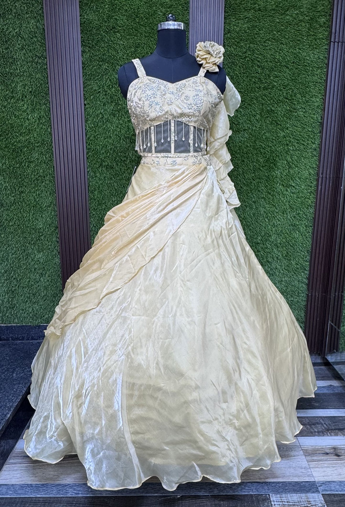 Drape Organza Skirt Lehenga with Corset Style Spaghetti Choli