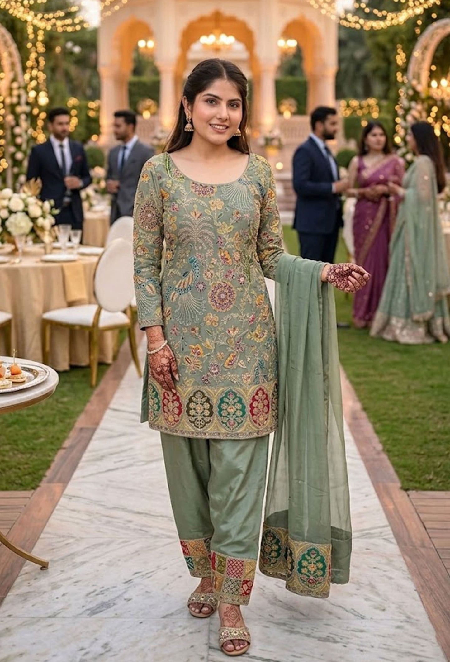 Multi Embroidered Short Shirt Set with Crepe Patiala Salwar