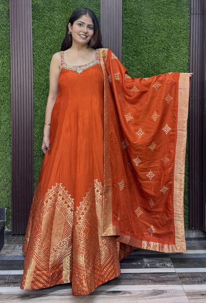Pure Silk Banarasi Jacquard Anarkali with Handwork Silk Dupatta