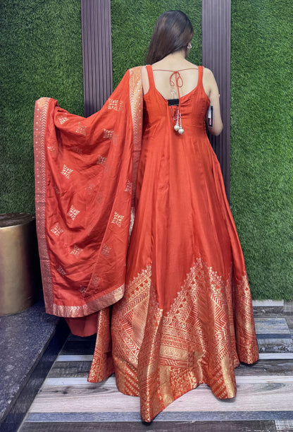 Pure Silk Banarasi Jacquard Anarkali with Handwork Silk Dupatta