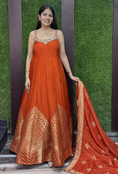 Pure Silk Banarasi Jacquard Anarkali with Handwork Silk Dupatta