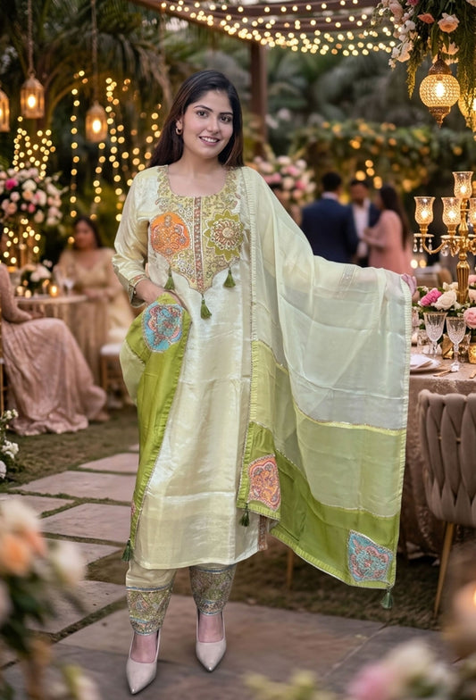Shimmer Tissue Straight Suit with Multi Embroidered Organza Dupatta