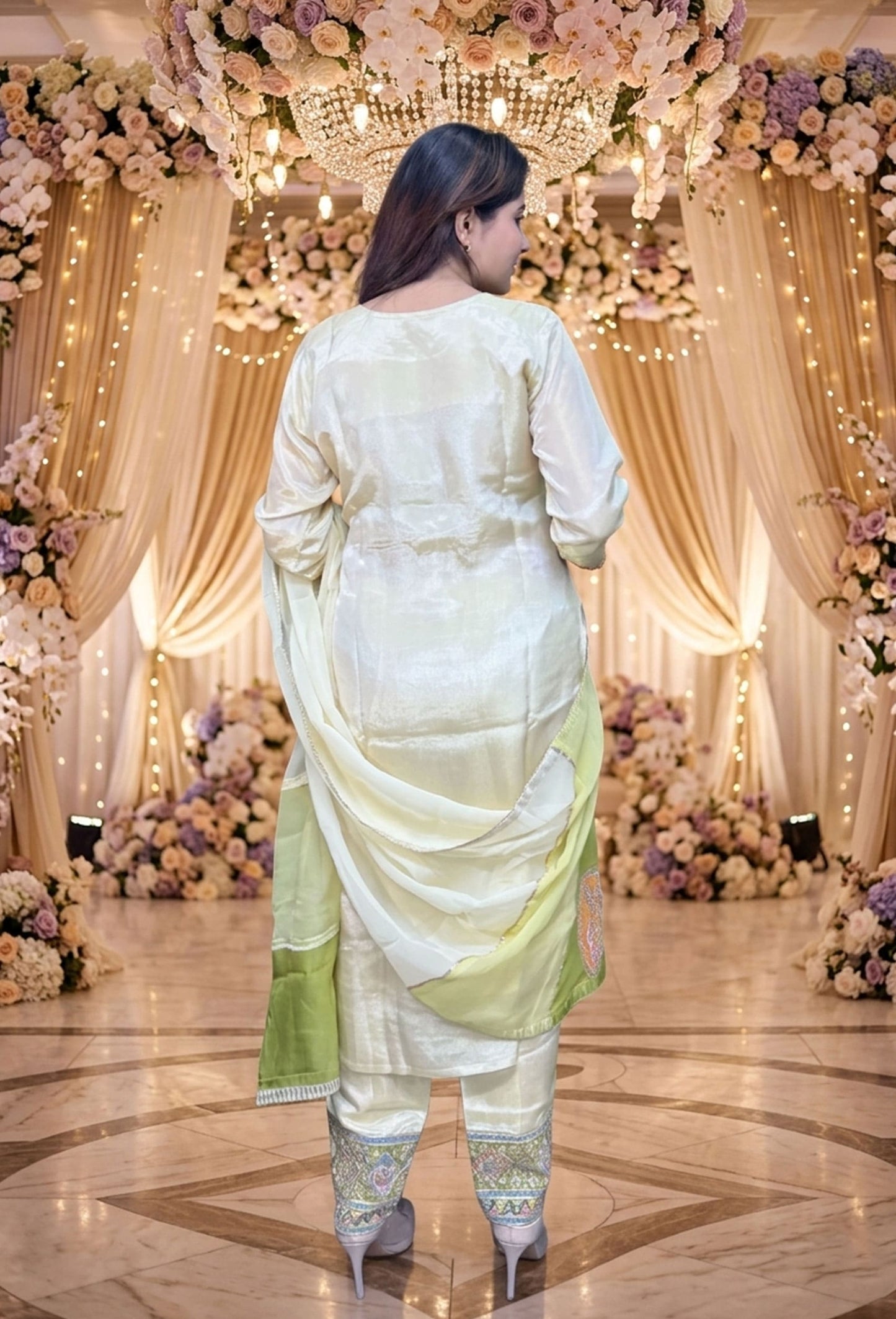 Shimmer Tissue Straight Suit with Multi Embroidered Organza Dupatta
