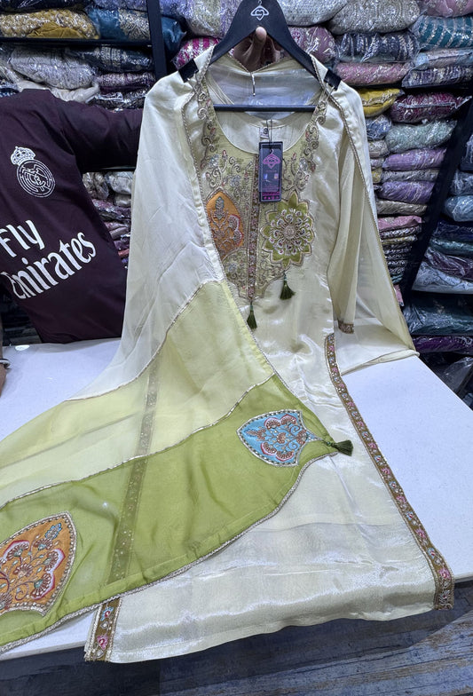 Shimmer Tissue Straight Suit with Multi Embroidered Organza Dupatta