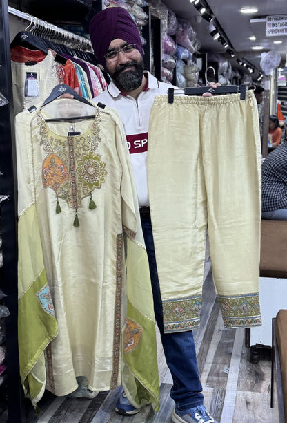 Shimmer Tissue Straight Suit with Multi Embroidered Organza Dupatta