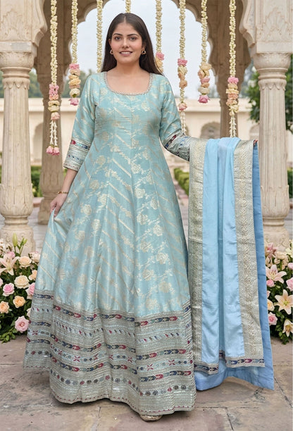 Pure Silk Jacquard Anarkali with Sleeves Embroidered Dupatta