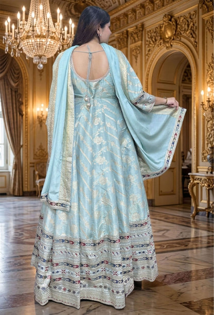 Pure Silk Jacquard Anarkali with Sleeves Embroidered Dupatta