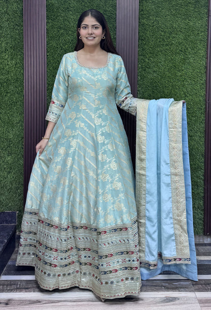 Pure Silk Jacquard Anarkali with Sleeves Embroidered Dupatta
