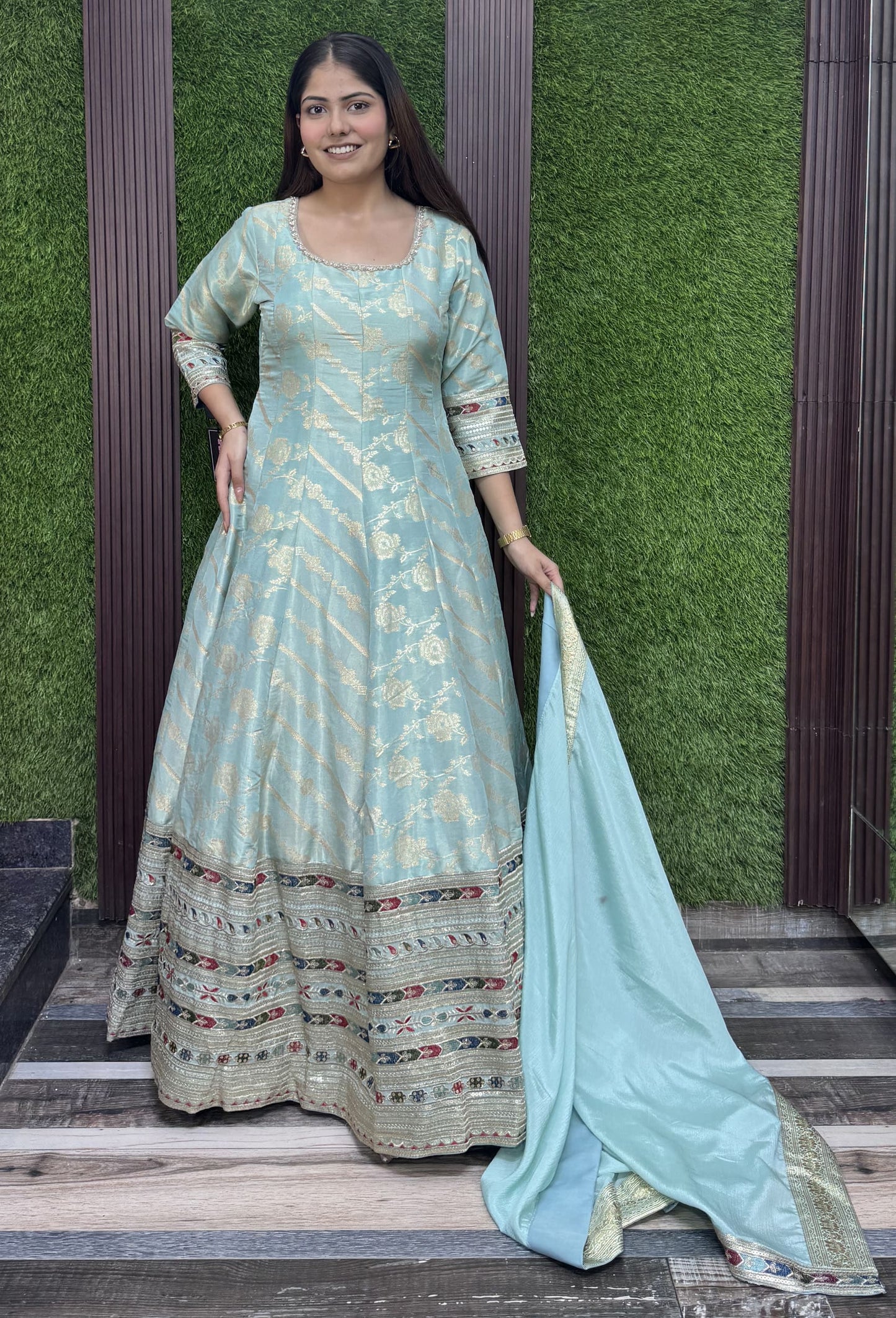 Pure Silk Jacquard Anarkali with Sleeves Embroidered Dupatta