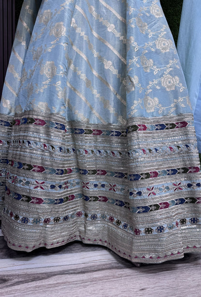 Pure Silk Jacquard Anarkali with Sleeves Embroidered Dupatta