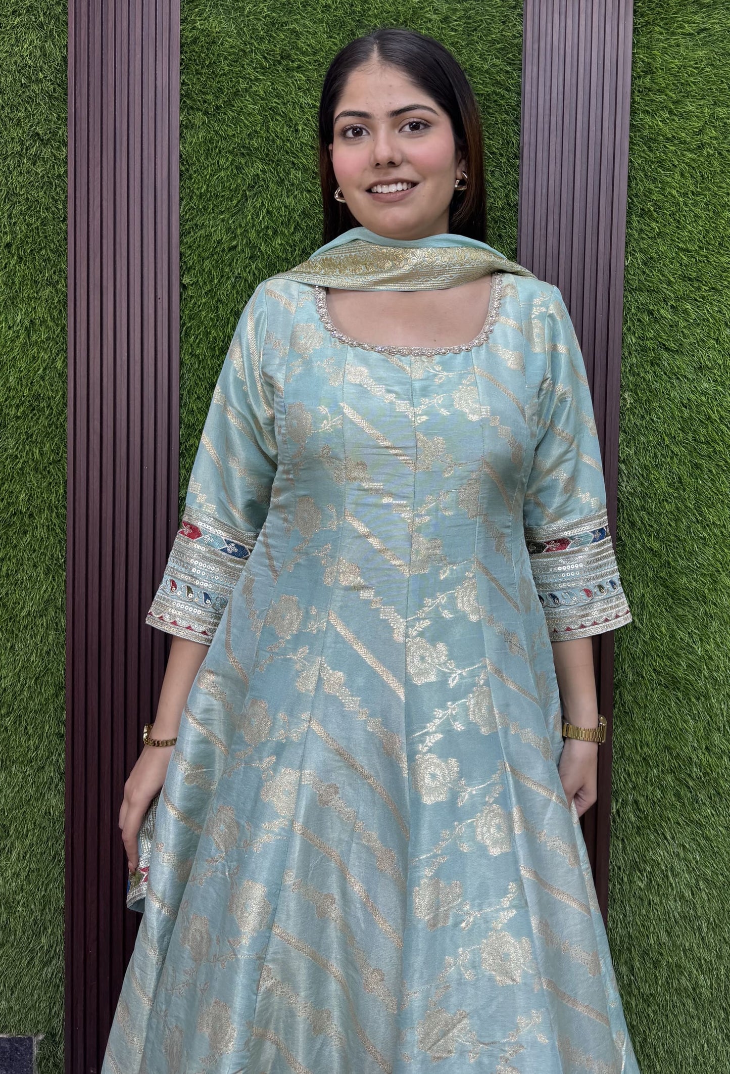 Pure Silk Jacquard Anarkali with Sleeves Embroidered Dupatta