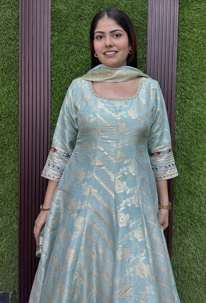 Pure Silk Jacquard Anarkali with Sleeves Embroidered Dupatta