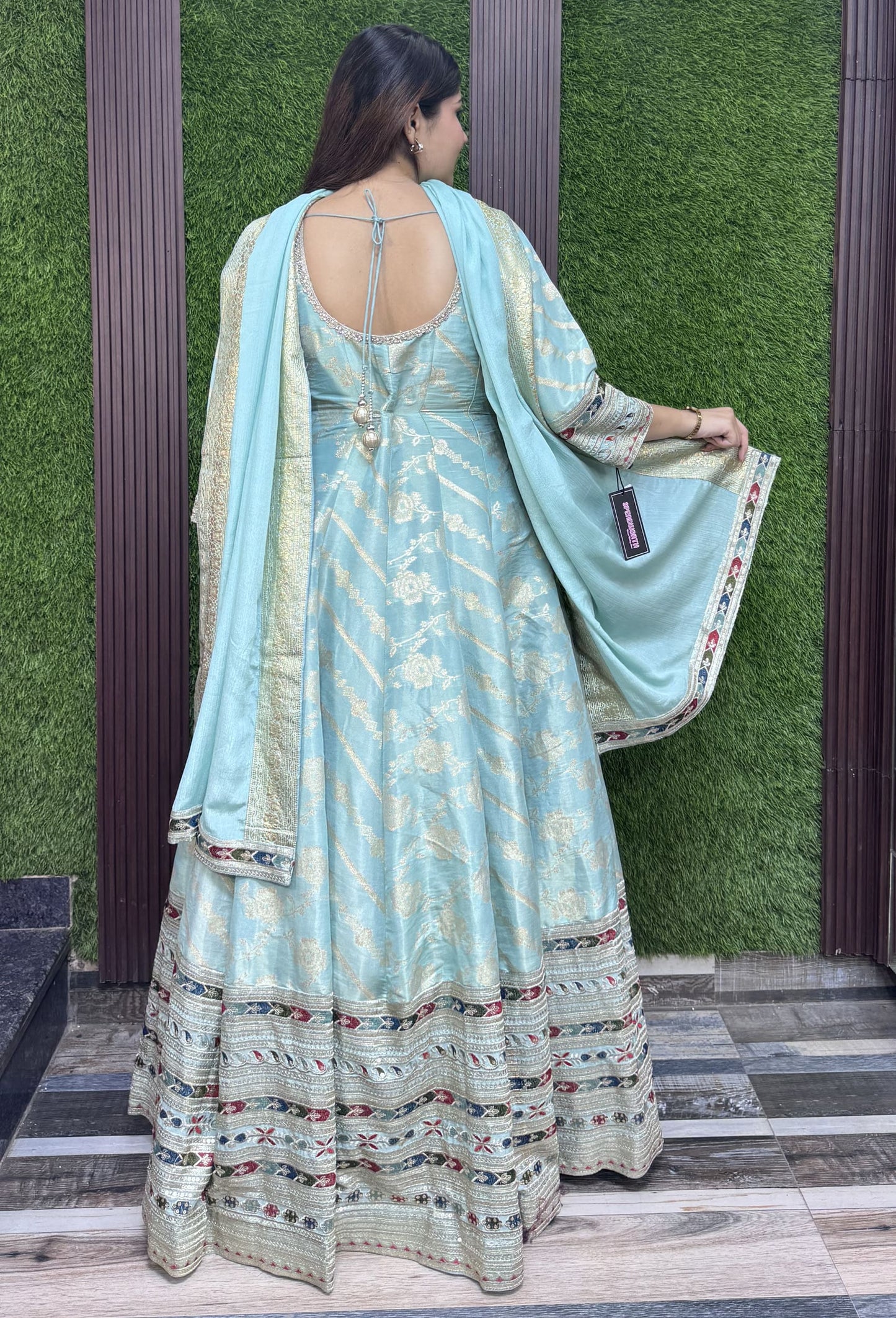 Pure Silk Jacquard Anarkali with Sleeves Embroidered Dupatta