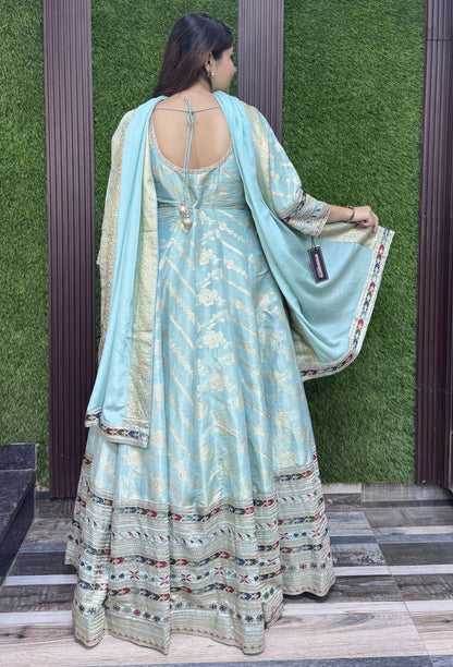 Pure Silk Jacquard Anarkali with Sleeves Embroidered Dupatta