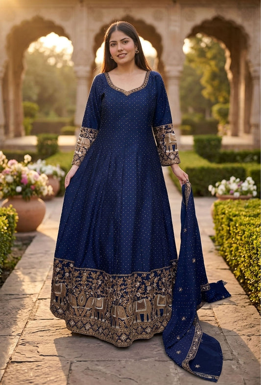 Heritage Style Full Sleeve Anarkali Silk with Paneled Motif Embroidery & Dupatta Set