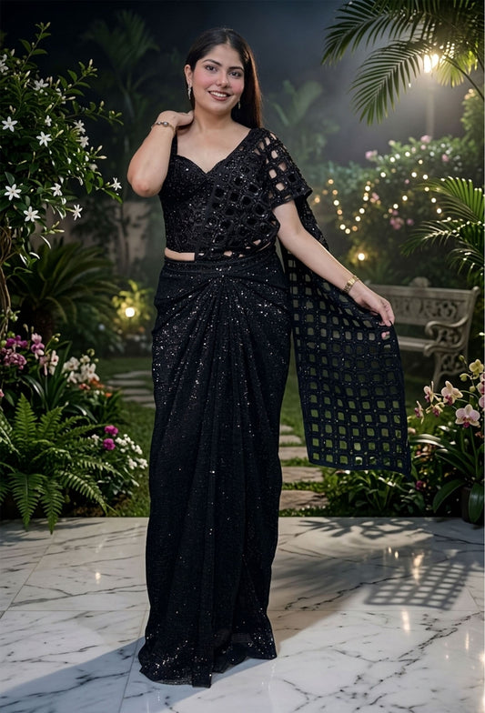 Black Heavy Readymade Draped Saree for Cocktail Party
