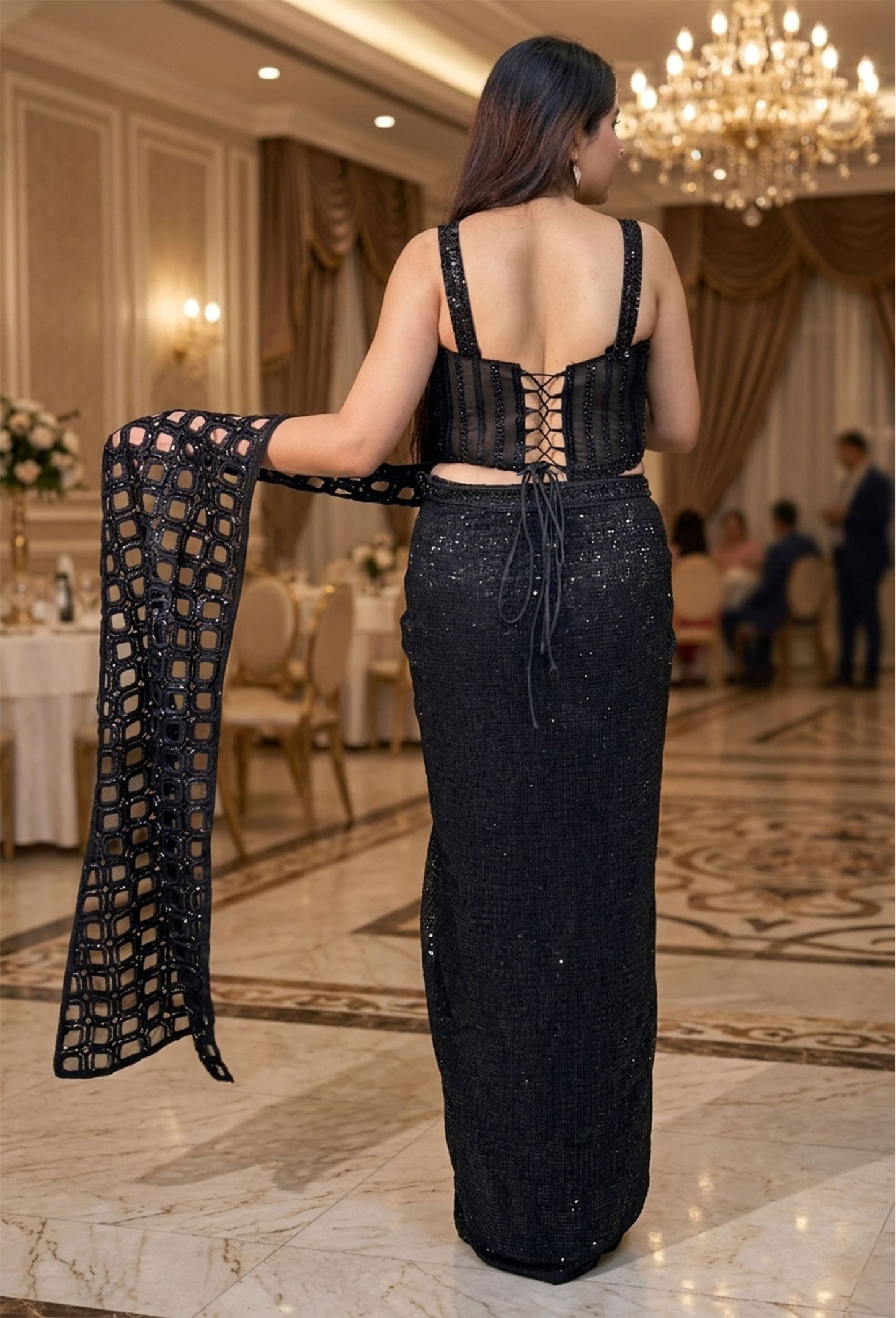 Black Heavy Readymade Draped Saree for Cocktail Party