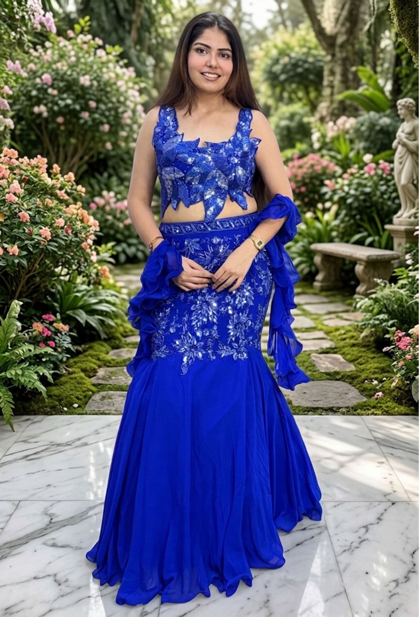 Electric Blue Hand Embellished Fishcut Lehenga Set