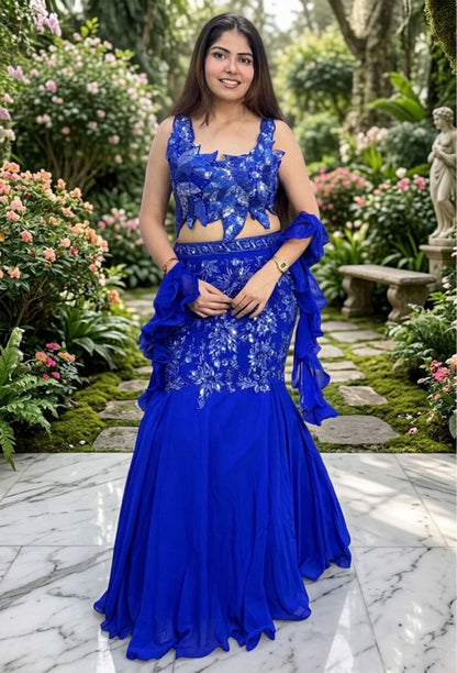 Electric Blue Hand Embellished Fishcut Lehenga Set