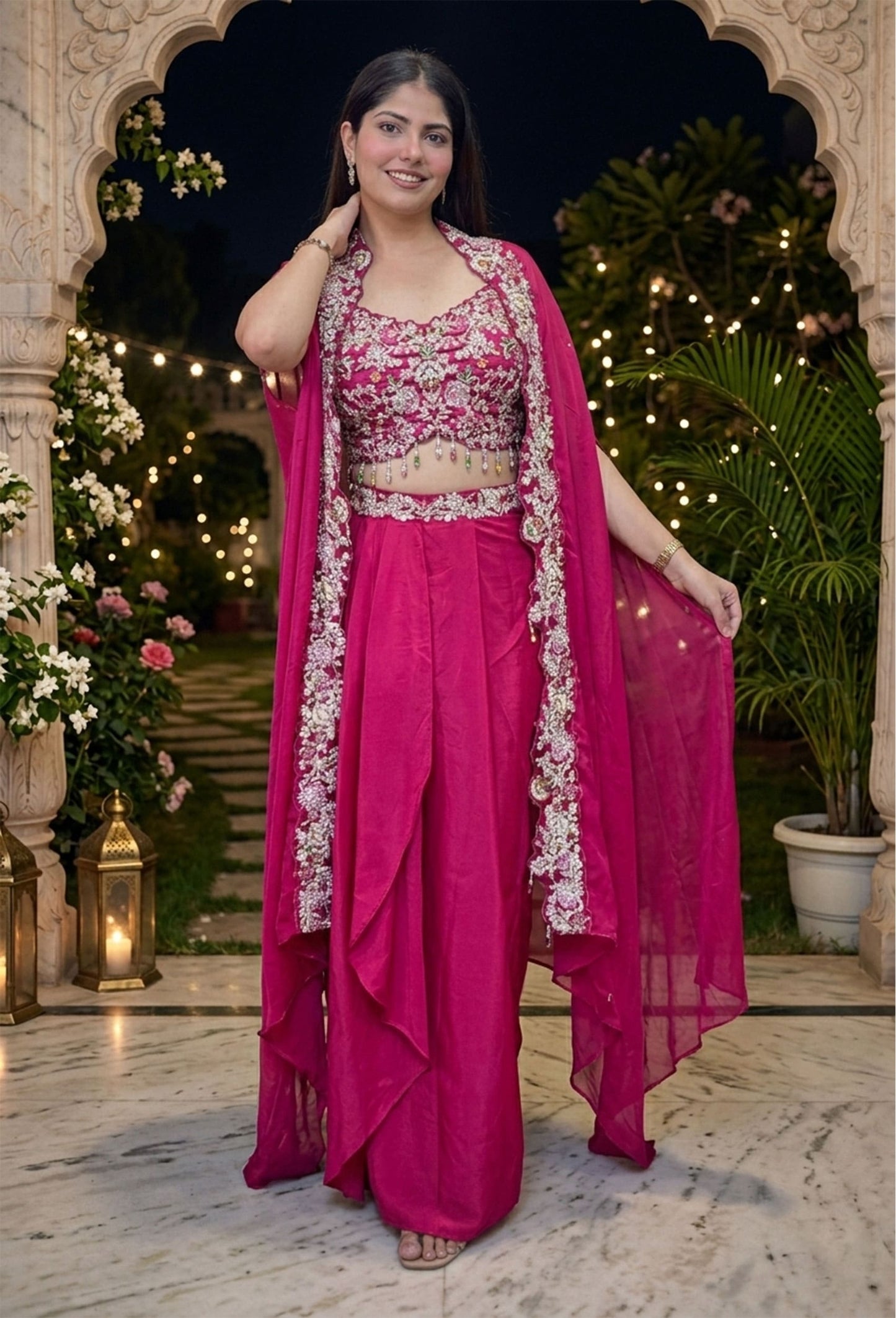Hot Pink Indo Western 3 Piece Designer Dress