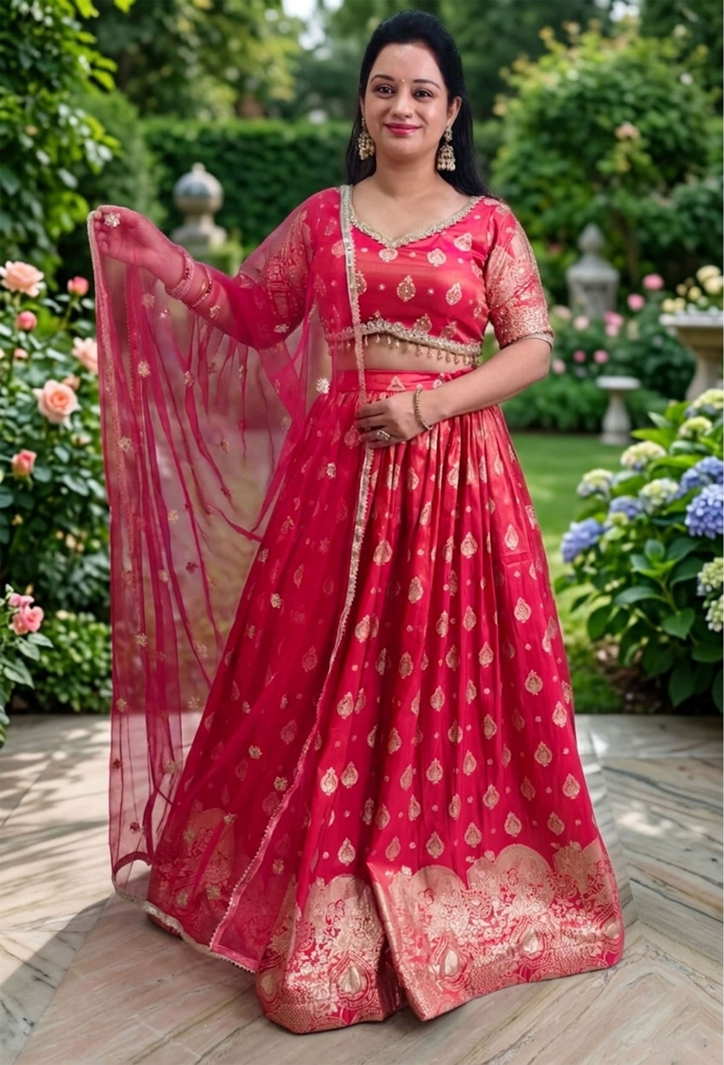 Pure Banarasi Lehenga Set with Half Sleeve Blouse & Net Dupatta
